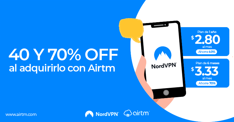 Oferta! NordVPN con descuento de 70% a través de Airtm.